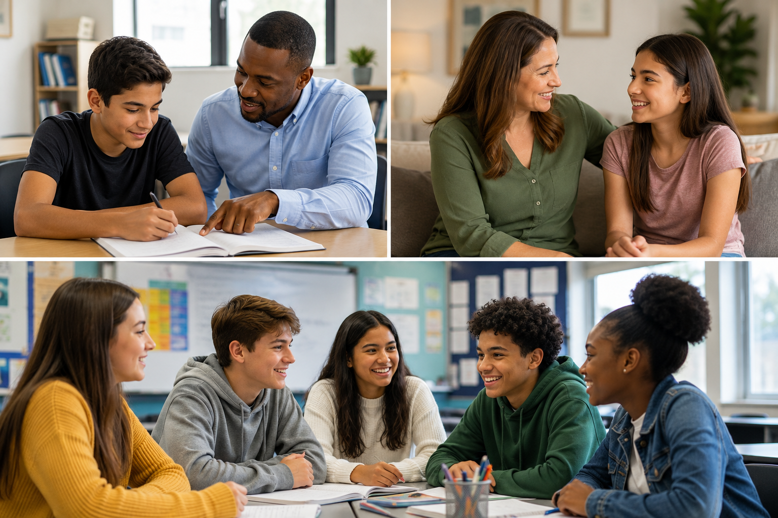 Group of teens collaborating in a classroom setting