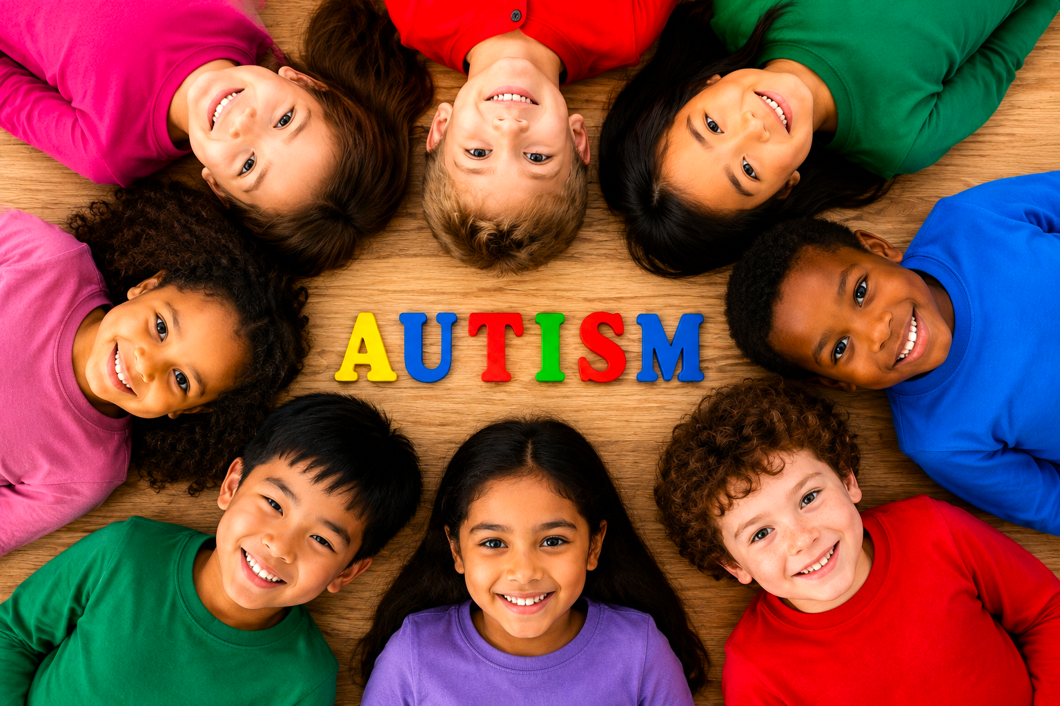 Diverse group of children arranged in a circle around the word AUTISM on a warm wooden background